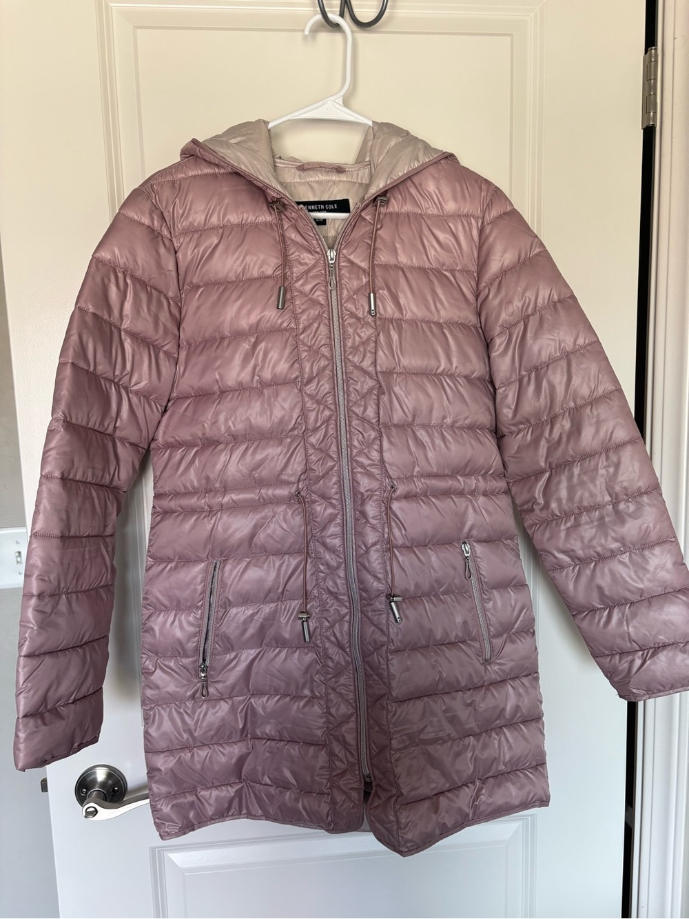 Kenneth Cole Long Quilted Hooded Puffer in Baby Pink